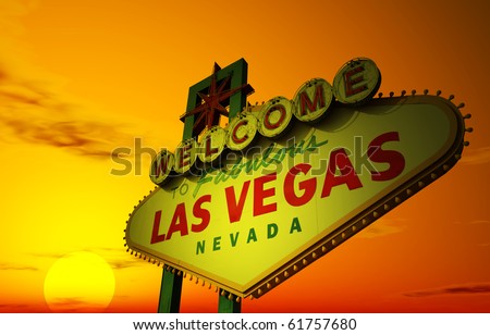 A Las Vegas sign with a beautiful sunset in the background