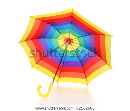 A colorful rainbow colored umbrella  over white background