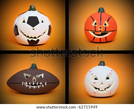 Basketball, Football, Baseball and Soccer ball sports Halloween pumpkins