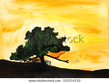 Original painting of tree of life on sunset in Bahrain, a child art