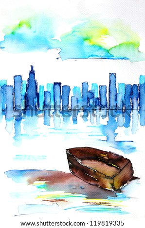 Original painting a beautiful skyline and boat, a child art
