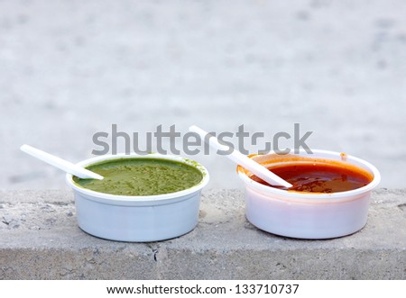 Delicious red and green mint chutney
