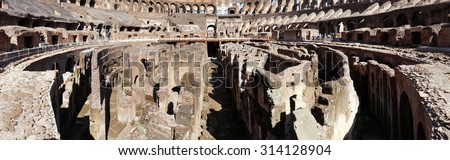 ROME, ITALY - JULY 17:  The famous Roman Colosseum with vast Arena, Hypogeum and levels of seating on July 17, 2015, Rome, Italy. It is the largest amphitheater ever built  of concrete and stone