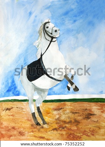 Original painting of white horse rearing in sand arena, a child art
