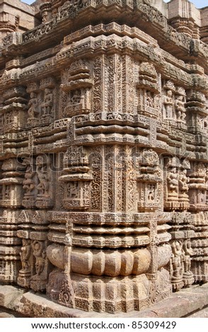Exquisite carving and sculptures at the corner of the Sun temple