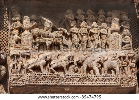 Beautifully carved courtly scene and war horses and elephants, Sun Temple, Konark
