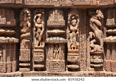 Fine carved sculptures at Sun temple konark