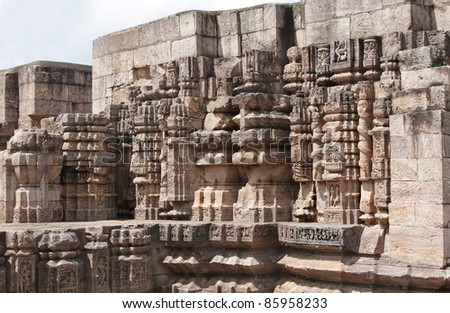 Beautiful columnar carvings at Mayadevi temple, Sun temple complex Konark