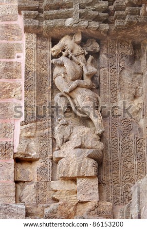Ruins of a rider on mythical beast at Sun temple Konark
