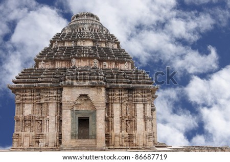 Sun temple Konark above the second level of porch on clear sky