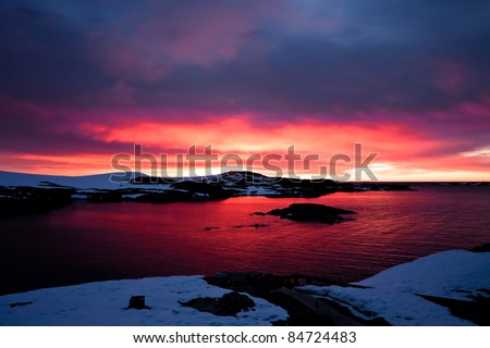 Summer  sunset in Antarctica.  Beautiful winter background.
