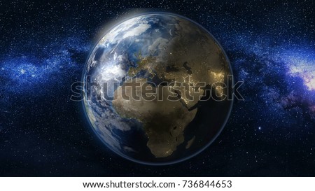 Planet Earth in black and blue Universe of stars. Milky Way in the background. Day and night city lights changes. Africa and Europe zone. 3D Animation. Elements of this image furnished by NASA