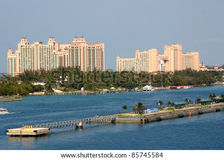 NASSAU,BAHAMAS-APRIL 11:  The Atlantis hotel, casino & waterpark, which opened in March 2007, beckons visitors on cruise ships entering Nassau\'s harbor in the Bahamas on April 11, 2011.