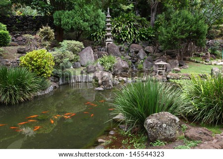 A Japanese Garden With A Koi Pond In Iao Valley State Park On Maui, Hawaii.