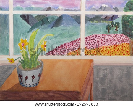 Drawing of a view from a window of flowers, trees and mountains rendered in watercolor.