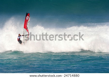 MAUI - JANUARY 17: Windsurfer competes in big wave contest at Ho\'okipa on Maui\'s northshore on January 17, 2009.