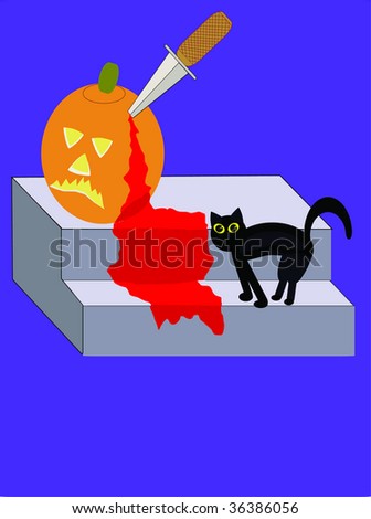 Raster version of vector image of bloody Halloween pumpkin stabbed with knife.