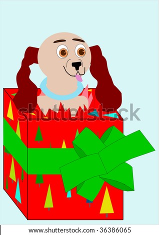 Raster version of vector image of happy Christmas-gift puppy popping out of a gift-wrapped box.
