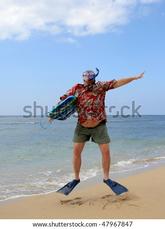 Tourist on a tropical beach with snorkel gear, floral shirt and a surfboard jumping with excitement