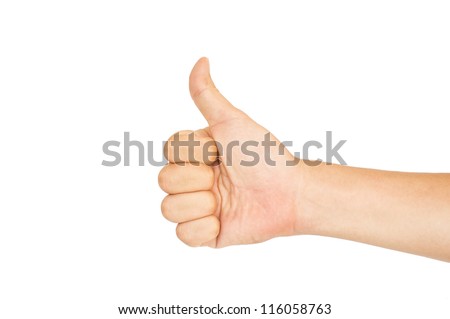 isolated thumbs up male hand on white, for praise or like hand gestures.
