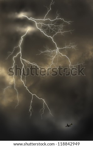 image manipulation airplane flying through storm of lightnings.