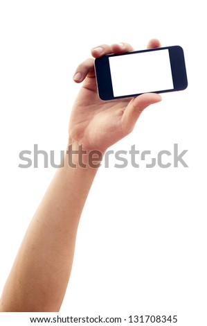 isolated hand holding smartphone or phone, two clipping path is in jpg, hand outline and the phone screen.