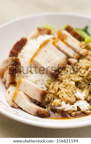 a close up of roasted pork with rice, a common chinese food found in singapore.