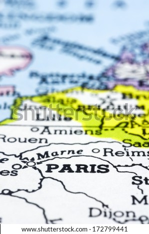 A close up of Paris on map, a city of France.