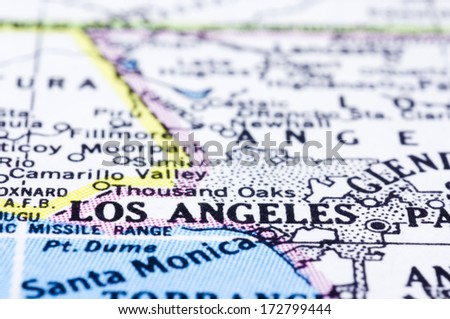 a close up of Los Angeles on map, city of united states.
