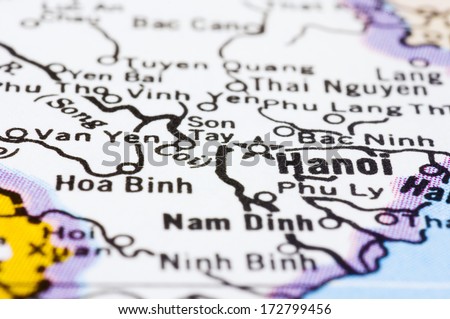 a close up shot of Hanoi on map, capital of vietnam.