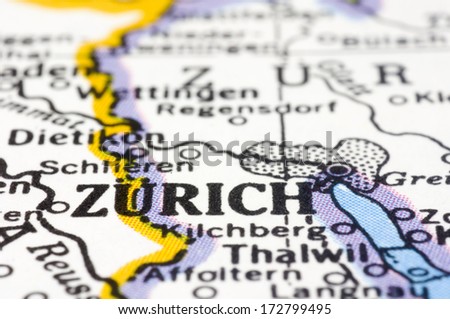Close up of Zurich on map, city of Switzerland