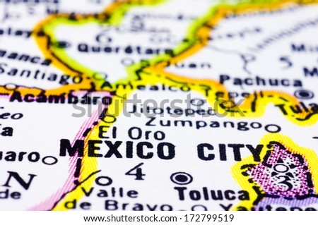 a close up of Mexico city on map, capital of Mexico.