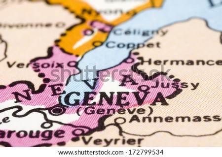 Close up of Geneva on map, city of Switzerland