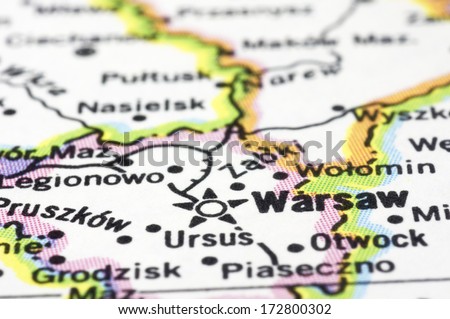 a close up shot of Warsaw on map, capital of Poland.
