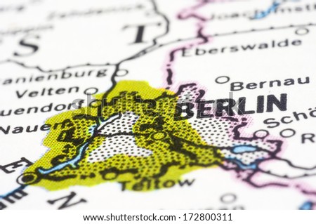 Berlin, a close up shot of capital of Germany on map.