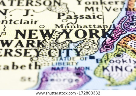 a close up of new york on map, united states.