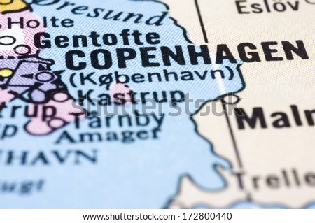 Close up of Copenhagen on map, capital city of denmark.