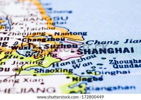 a close up shot of shanghai on map, city of china.