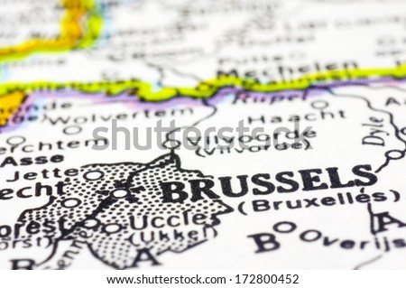 A close up shot of Brussels on map, capital of Belgium.