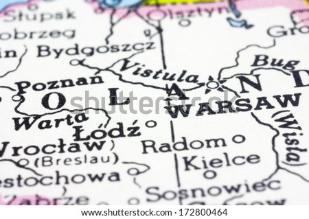 close up of Warsaw on map, capital city of Poland.