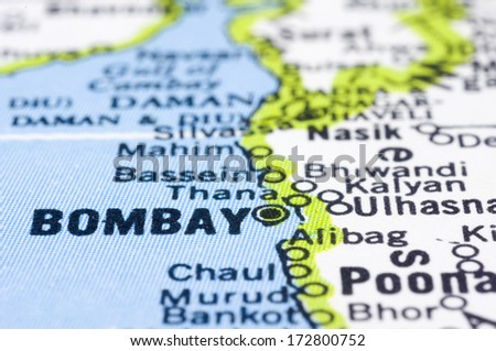 A close up shot of Bombay on map, city of india