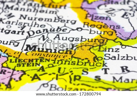 close up of Munich on map, city of Germany.