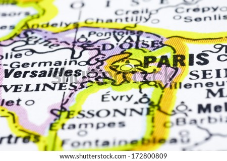A close up of Paris on map, a city of France.