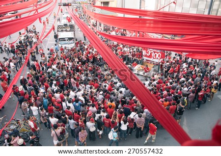 Bangkok, Thailand -CIRCA November 2013, Red shirt army protest gathering in Bangkok Ratchaprasong junction.