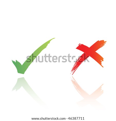 stock vector : hand drawn vector tick and cross, with reflection