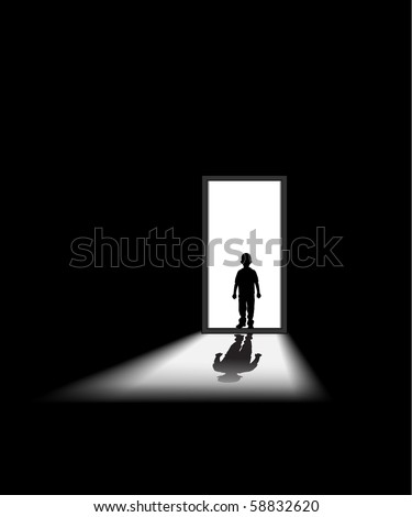 kid enters a dark room, to illustrate concept of unknown and fear - halloween theme