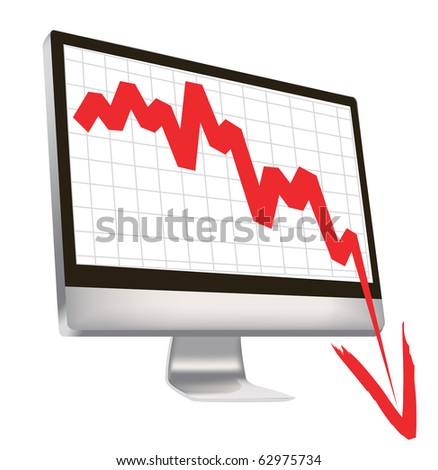 illustration of economic crisis, with red arrow break outs of computer monitor.