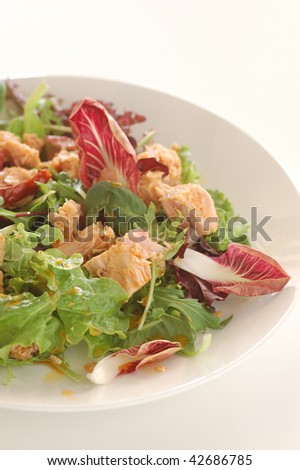salad of mixed lettuce and tinned tuna on a white plate with white background