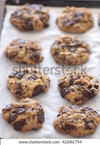 tray of dark chocolate chunk cookies fresh from the oven