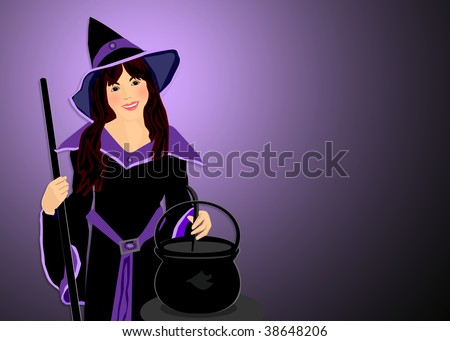 Pretty witch stirring a cauldron on a purple background. Clipping path included to make it easy to change to your own background.